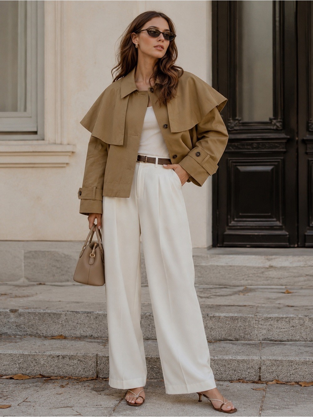 Caroline Constas Cropped Cape Trench Jacket Khaki Tan S